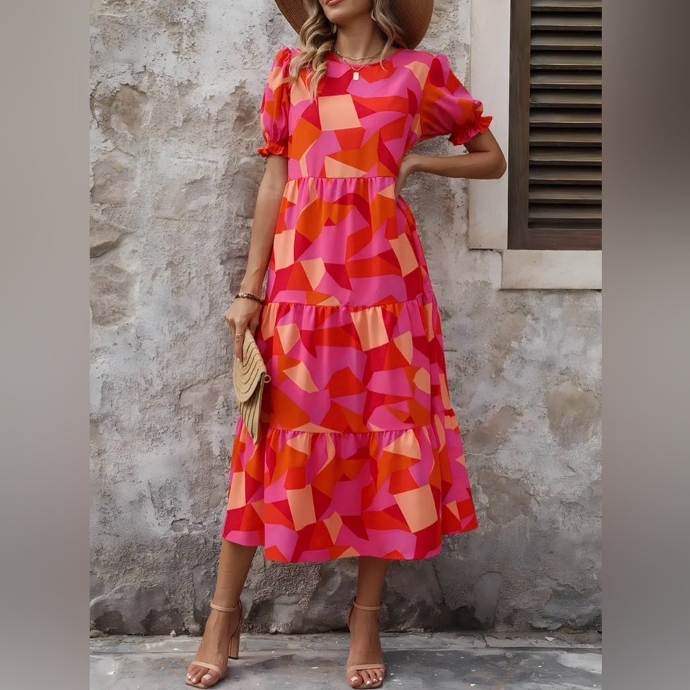 PrettyGarden Vibrant Geometric Print Vacation Resort MIDI Dress. XL. NWT.